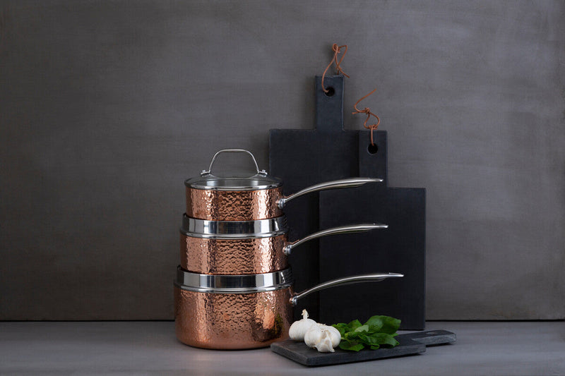 Medium 18 Cm Hammered Copper Finish Saucepan with Lid | Minerva