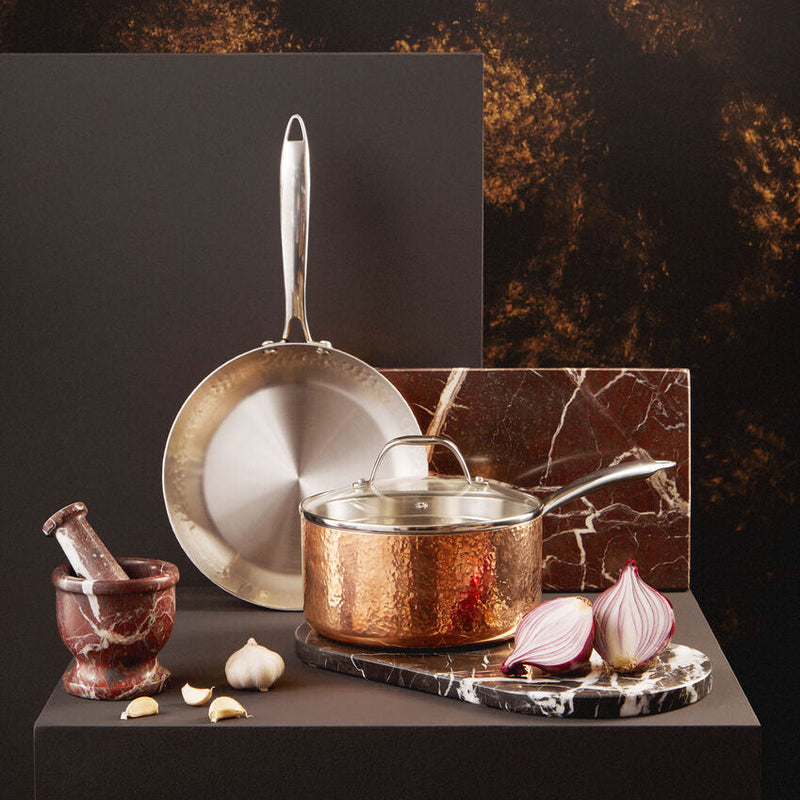 Copper Finish Large 20 Cm Hammered Saucepan with Lid | Minerva