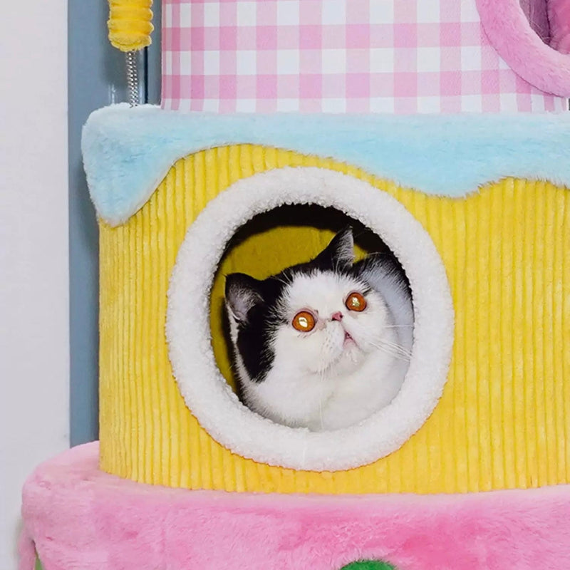 zeze Cream Three-Layer Cake Cat Tree — 110 cm Plush Cat Condo with Hideaways