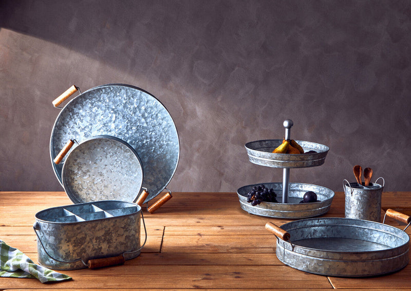 Round Galvanised Steel Tray with Wood Handles | Drummond