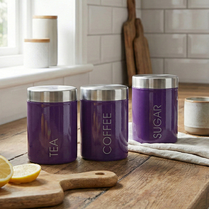 Purple Enamel Tea Coffee And Sugar Set