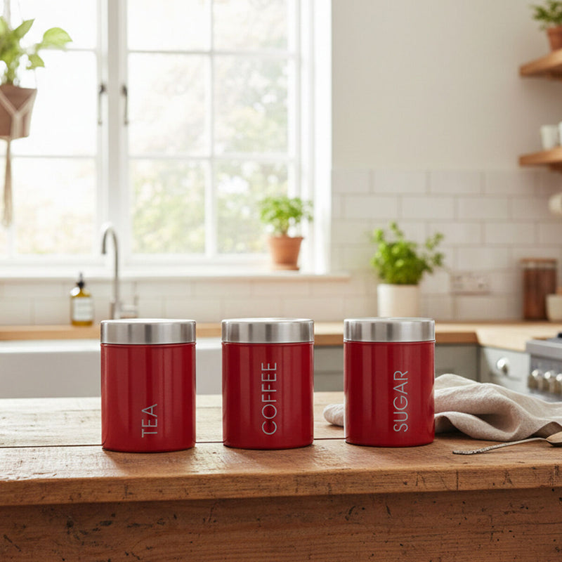 Red Enamel Tea Coffee And Sugar Set