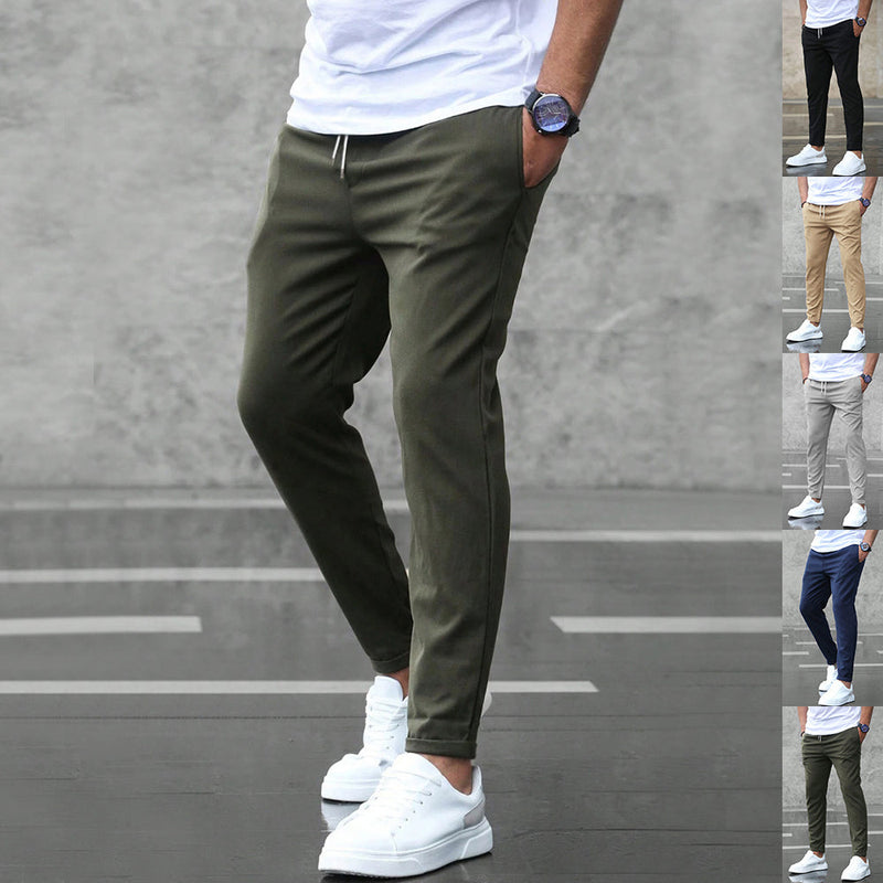 Men's Casual Drawstring Trousers Slim Fit Straight Leg Pants with Pockets Trendy