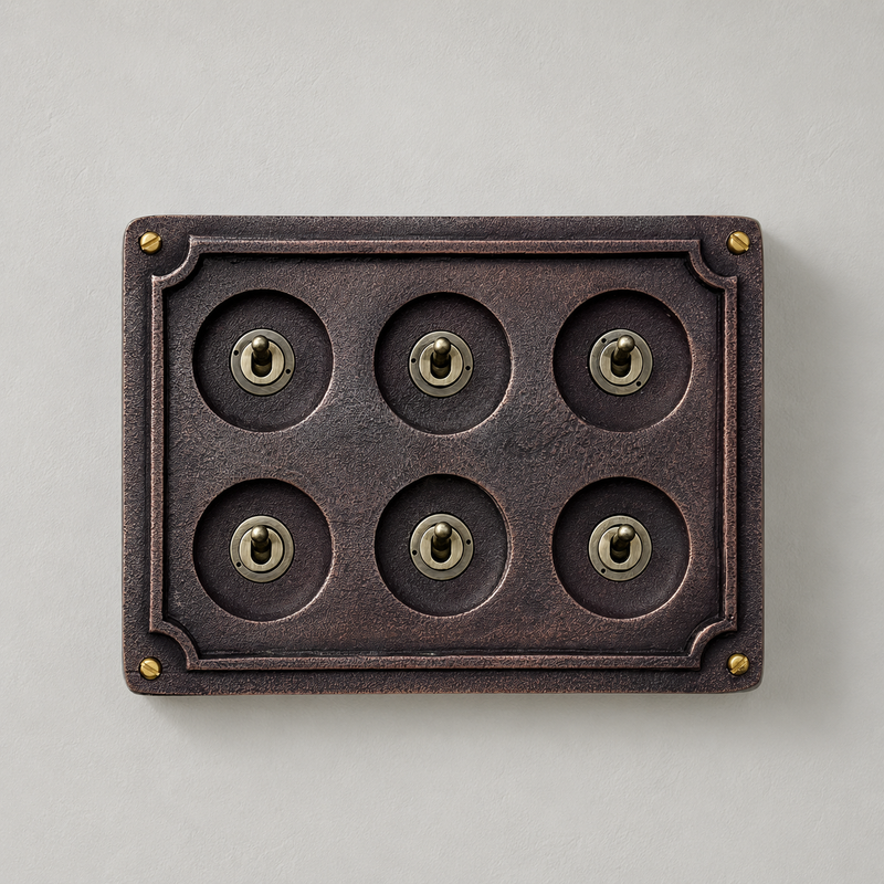 6 Gang 2 Way Antique Copper Solid Cast Metal Conduit Light Switch Industrial - BS EN Vintage Crabtree 1950’s Style