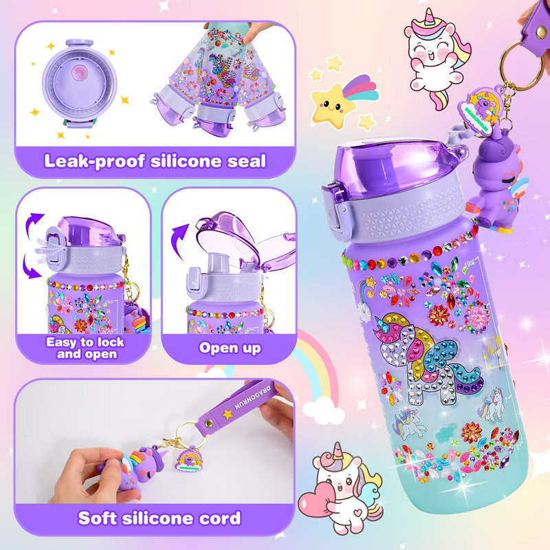 Decorate Your Own Unicorn Water Bottle – Craft Kit for Girls Ages 5–12 with Gem Stickers, Unicorn Pendant & 600ml Bottle – Birthday Gift Idea