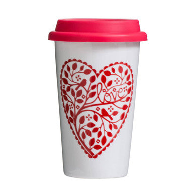 Heart Design Ceramic Reusable Mug with Silicone Lid | Taza