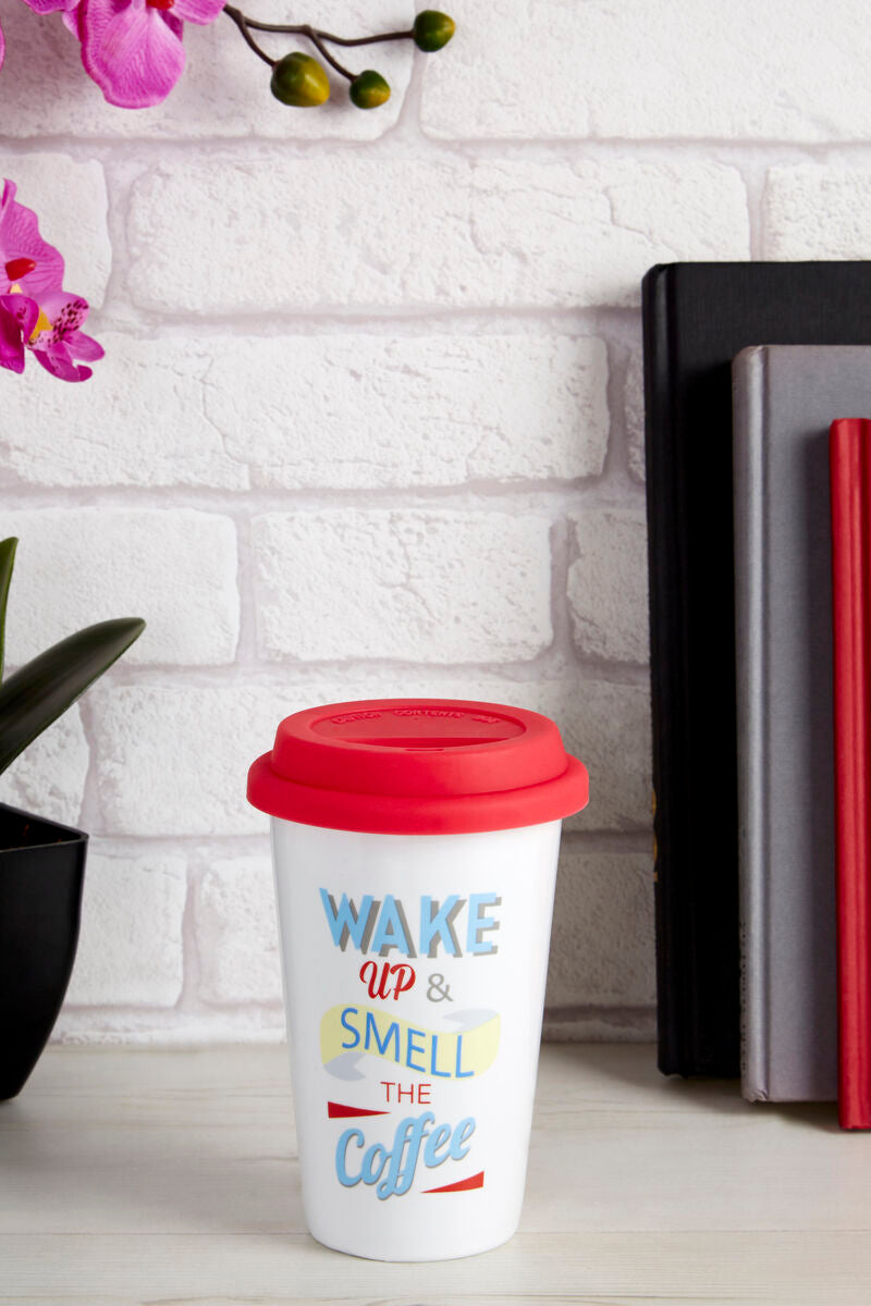 Wake Up Ceramic Reusable Mug with Silicone Lid | Taza