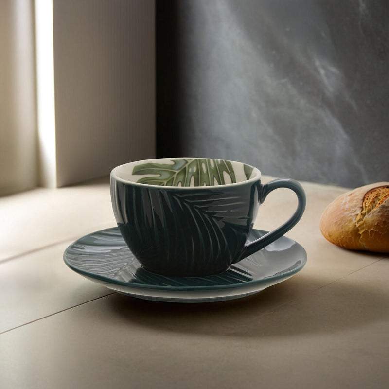 Dark Green Cup and Saucer with Leaf Design | Bali