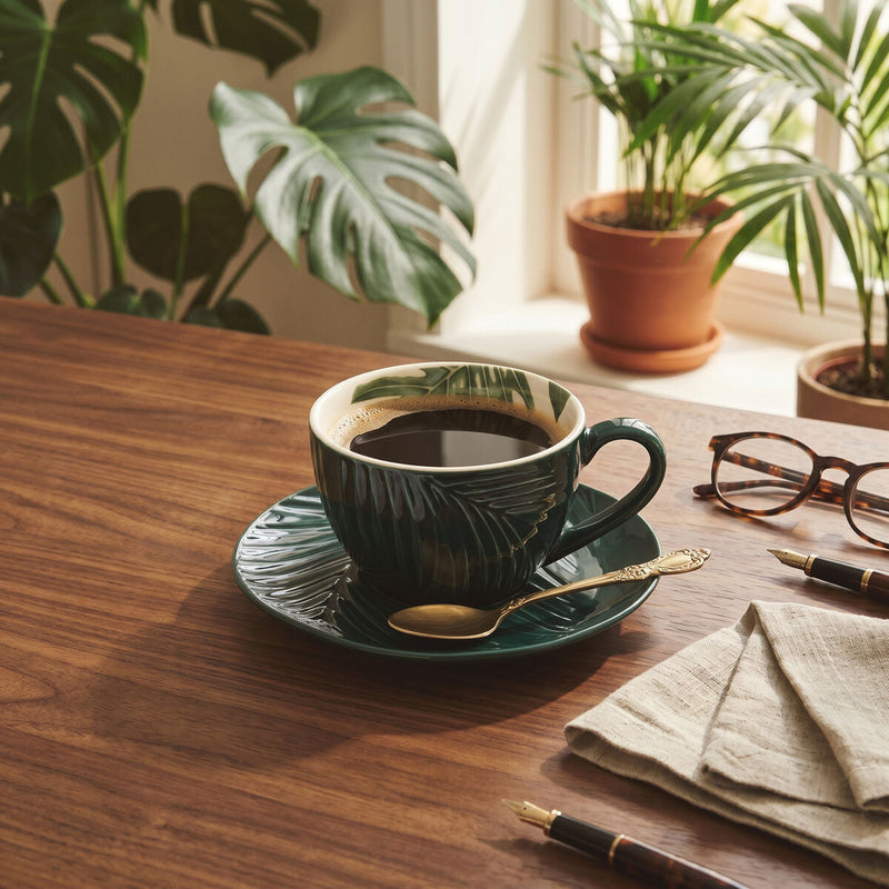 Dark Green Cup and Saucer with Leaf Design | Bali