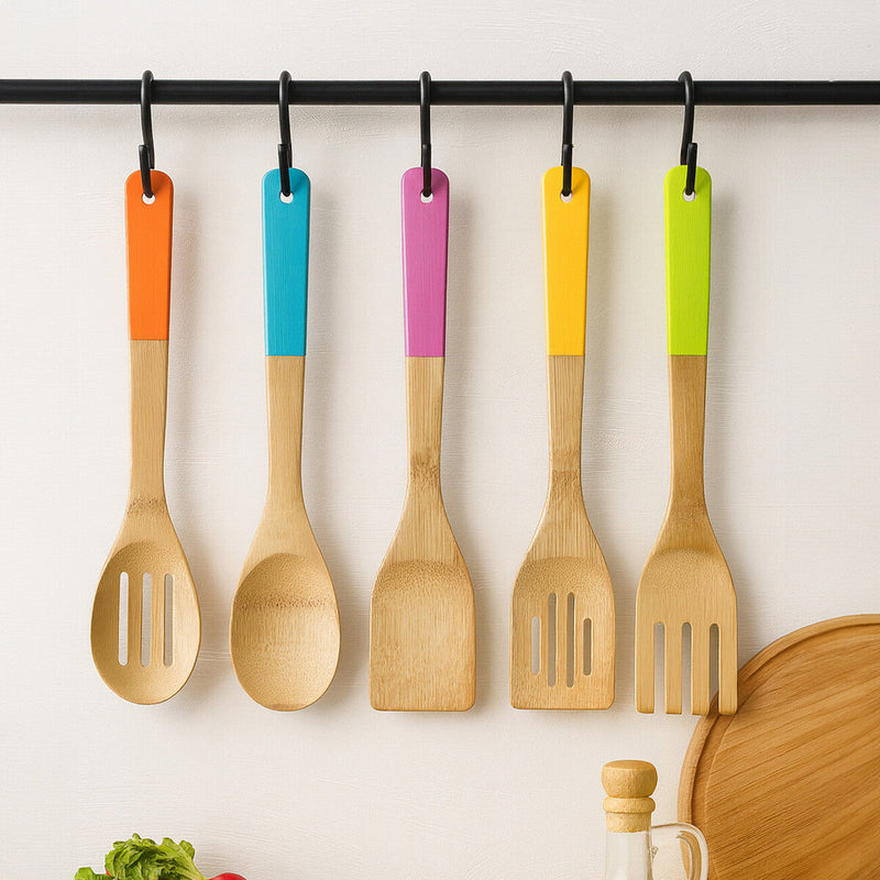 5 Piece Bamboo Kitchen Utensil Set With Multi Colour Handles | Aleki