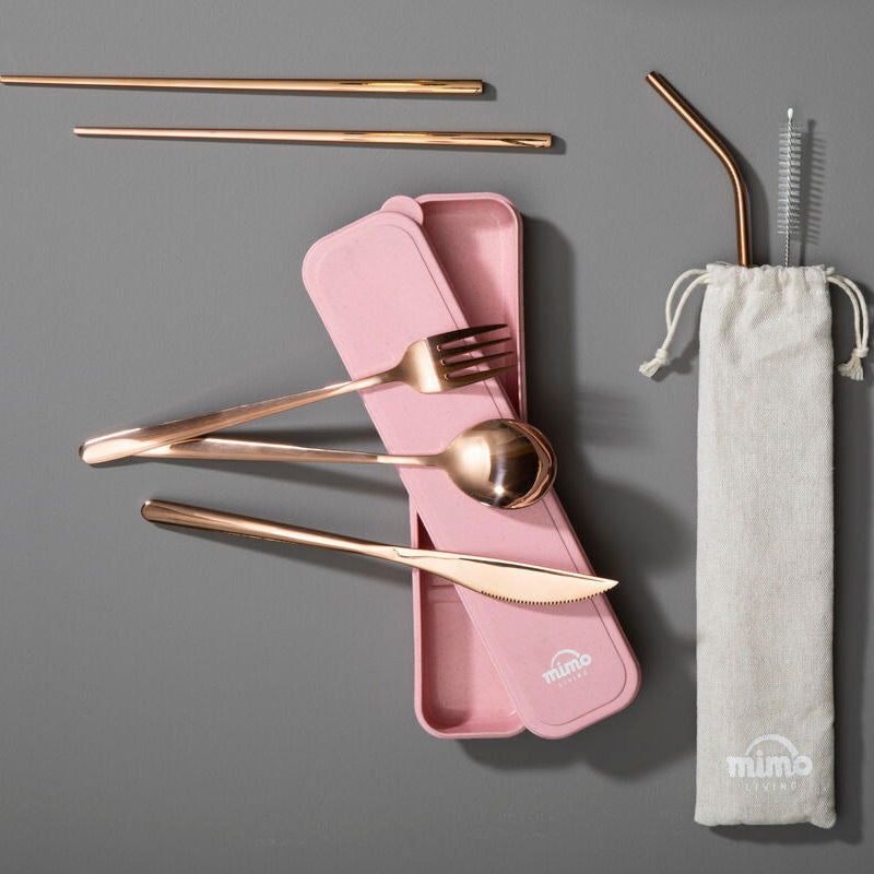 6 Piece Rose Gold Travel Cutlery Set with Case | Mimo