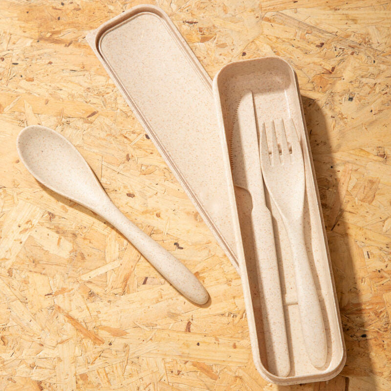 3 Piece Natural Wheat Straw Travel Cutlery Set | Mimo