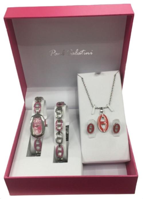 Paul Salatini Ladies Fashion Bling Pink Dial Silver Bracelet Watch Bracelet, Necklace & Earrings Gift Sets