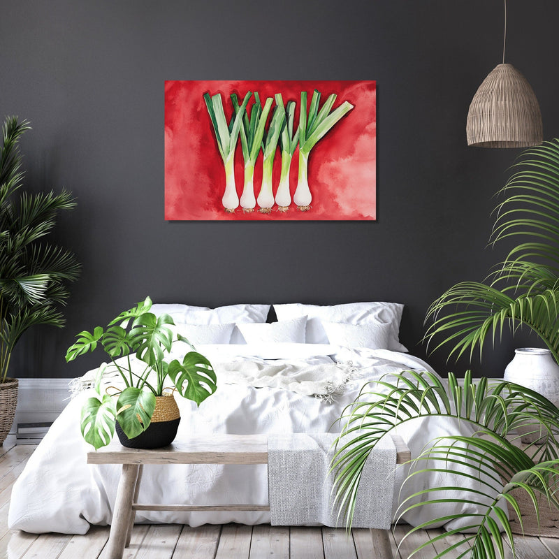 Elegant Leeks on Red Canvas