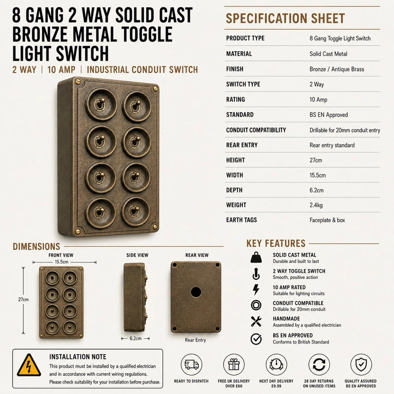 8 Gang 2 Way Bronze Solid Cast Metal Conduit Light Switch Industrial - BS EN Approved Vintage Crabtree 1950’s Style