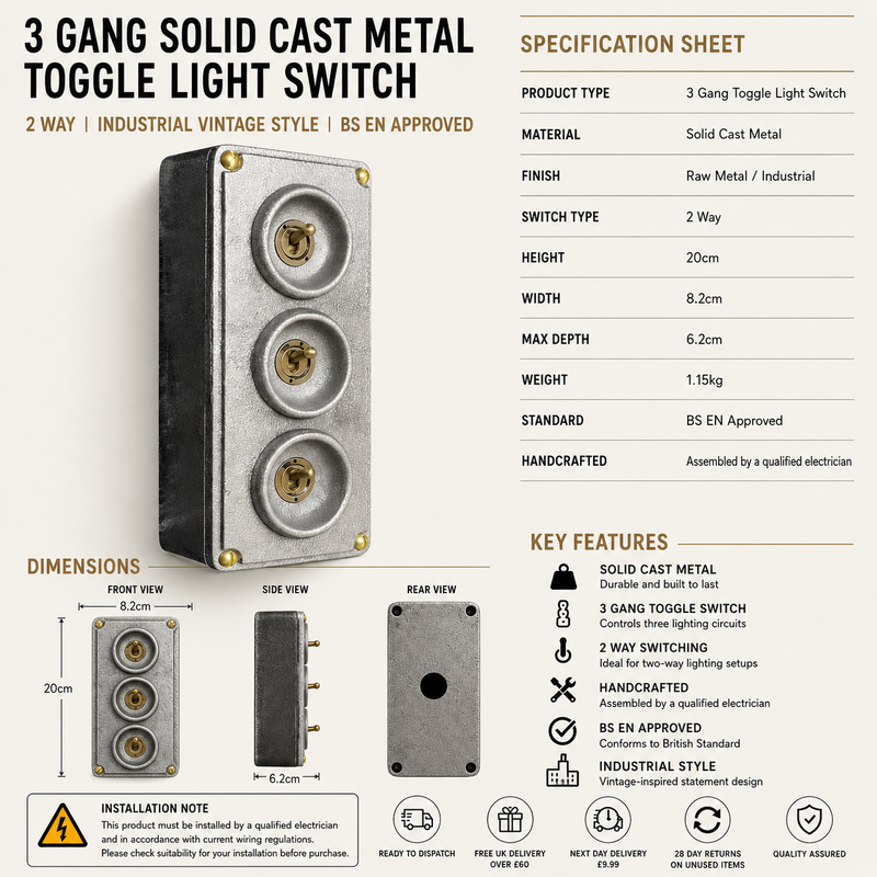 3 Gang 2 Way Solid Cast Metal Toggle Light Switch