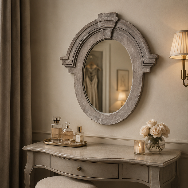Mansard Architectural Oval Wall Mirror - Distressed Grey Wood Frame