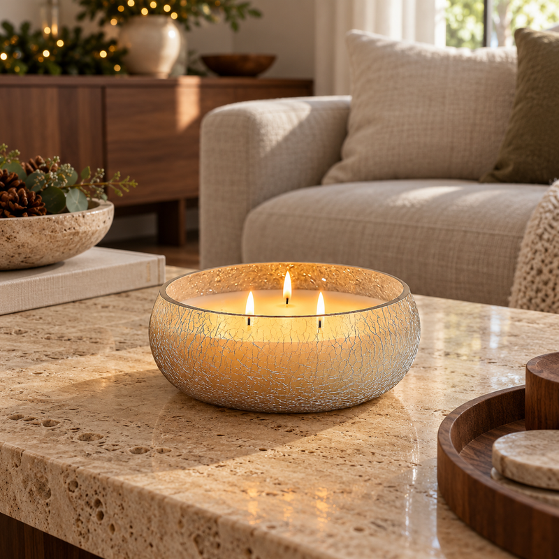 Large 3 Wick Unscented Candle in Crackle-Effect Glass