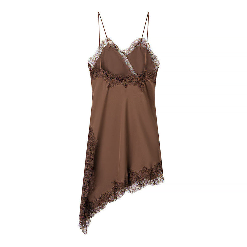 Silk Texture Sexy Lace Asymmetric Sling Dress