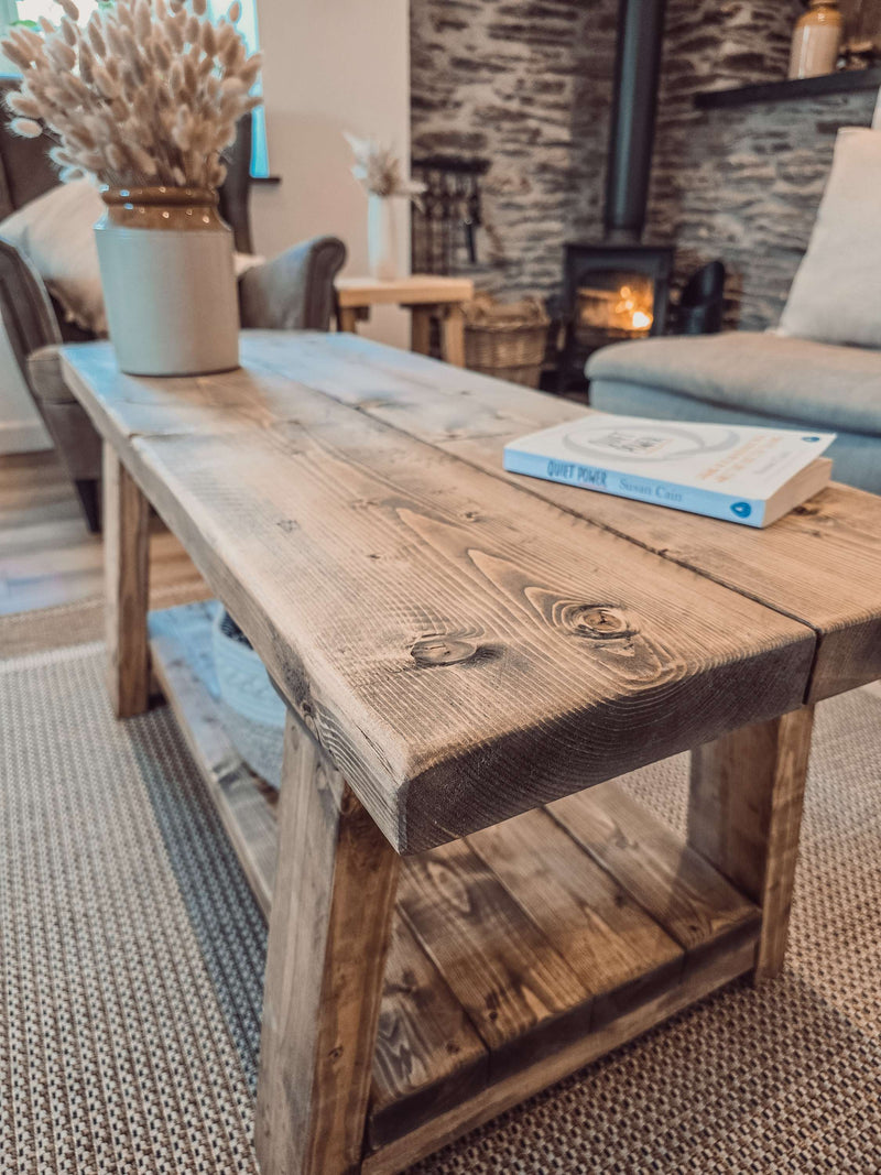 CARA Rustic Wooden Coffee Table With Shelf