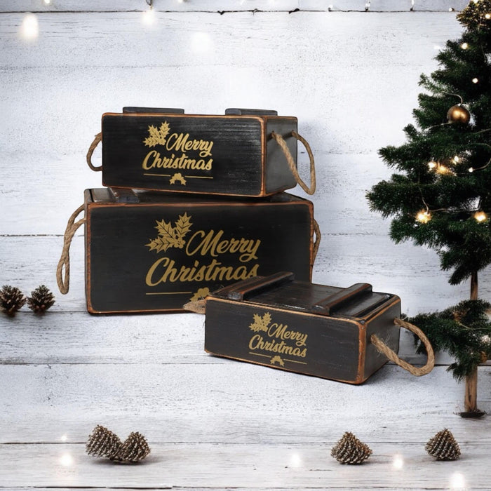 S/3 BLACK WOODEN CRATES WITH LIDS ROPE HAN