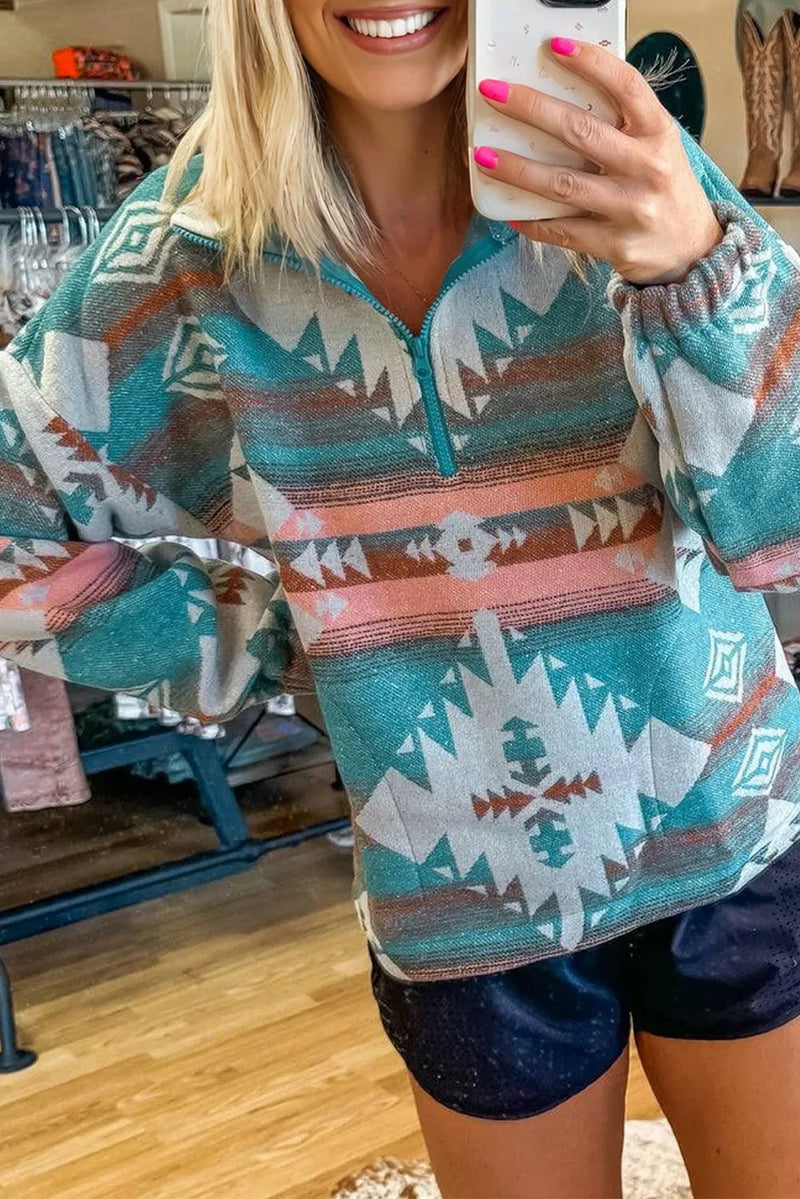 Green Quarter Zip Elastic Cuffs Aztec Sweatshirt