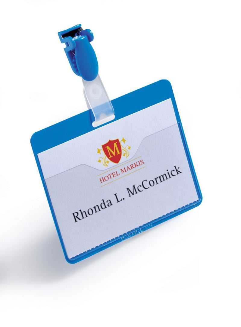 Durable Clip Name Tag ID Badge Card Holders + Inserts | 25 Pack | 54x90mm | Blue