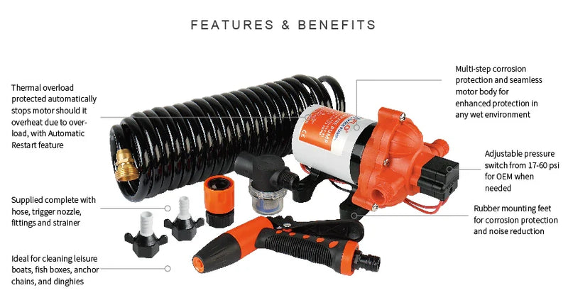 SEAFLO 12V 3.0GPM 70PSI Washdown Pump Kit with Coiled Hose