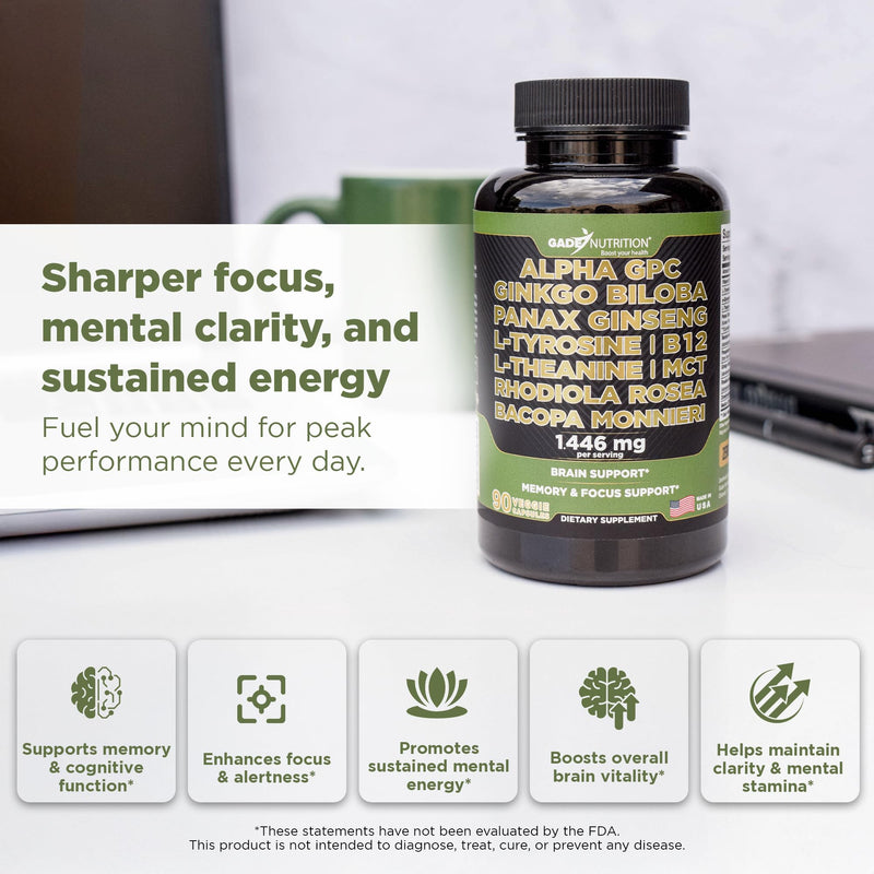 Gade Nutrition Alpha GPC + Ginkgo Biloba + Panax Ginseng + L-Tyrosine, L-Theanine, Bacopa Monnieri, Rhodiola Rosea, B12, MCT