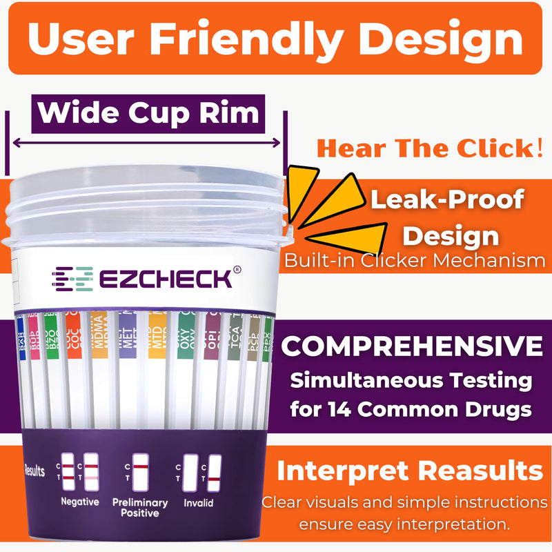 10 Test Cups - 14-Panel EZCHECK Urine Test Cup | At-Home 5-Minute Results | FSA/HSA Eligible