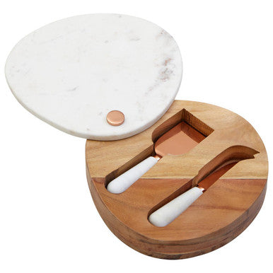 White Marble and Wood Cheese Knife and Board Set | Monzaro