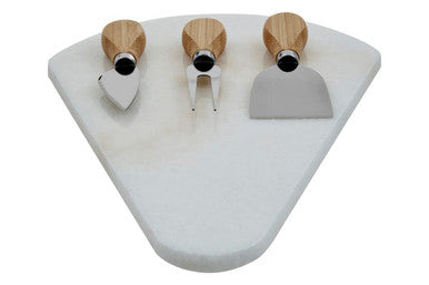 White Marble Triangular Cheese Board with 3 Knives | Kindia