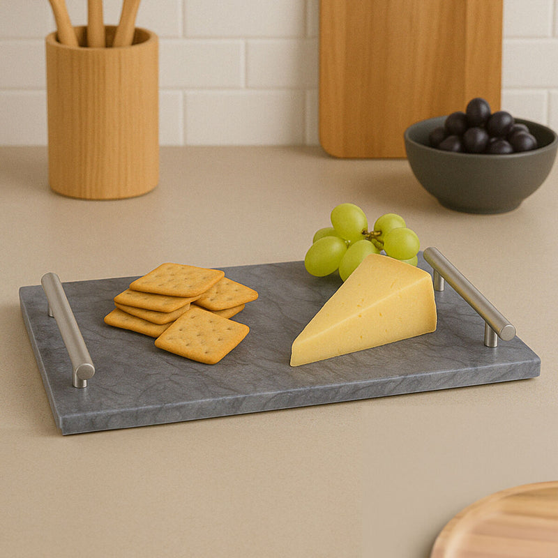 Black Marble Serving Board with Silver Handles | Marmore