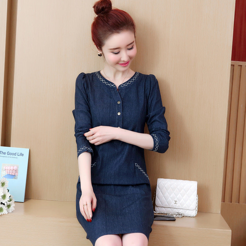 Thin Early Spring Mid-length Long-sleeved Denim Dress