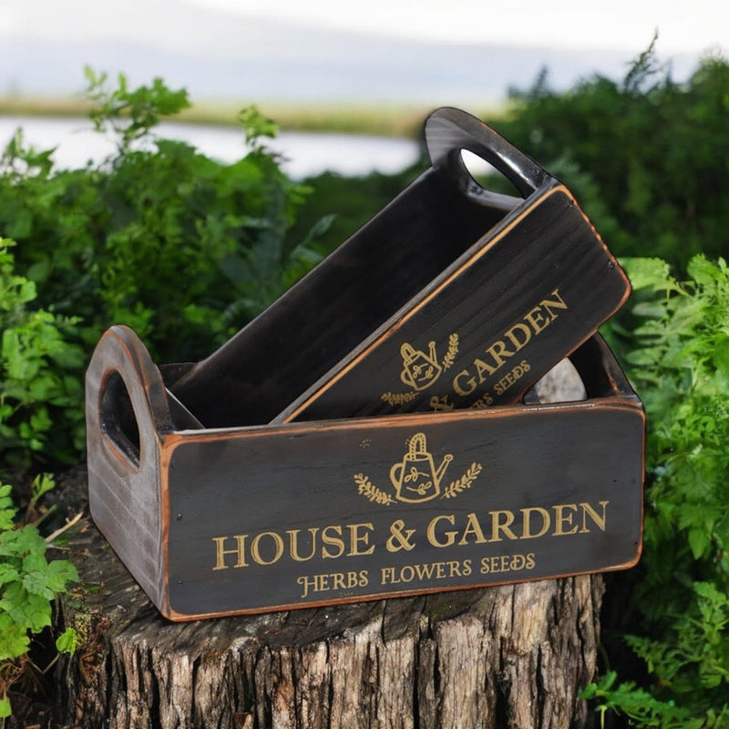 SET 2 BLACK WOODEN CRATES