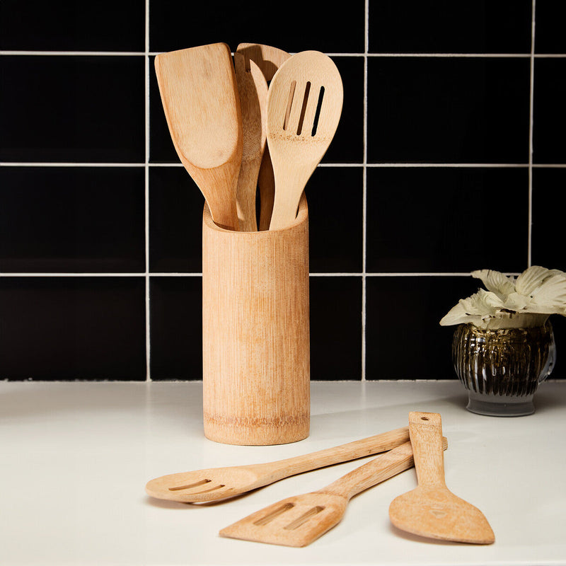 6 Piece Bamboo Kitchen Tool Set With Holder | Aleki