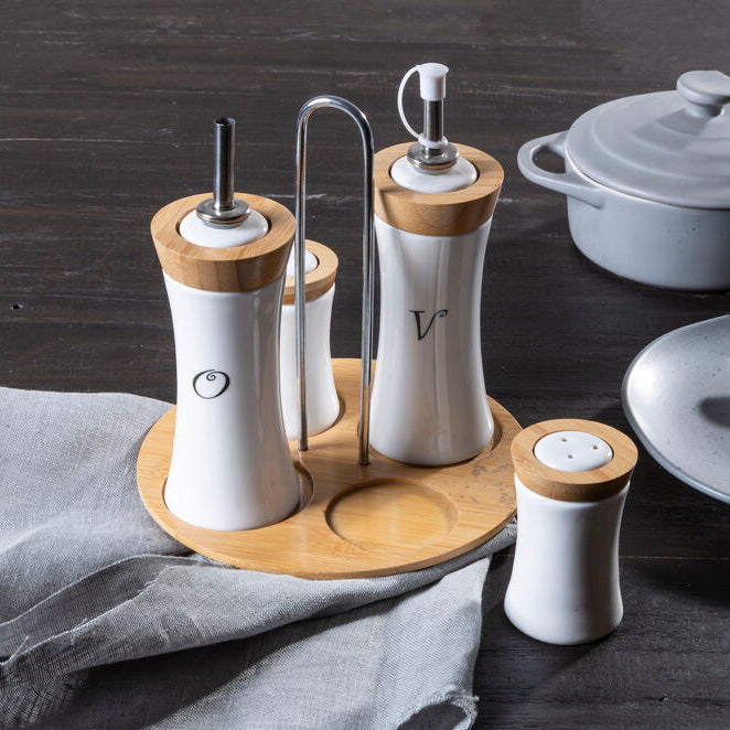 4 Piece Bamboo and Ceramic Condiment Set | Dela