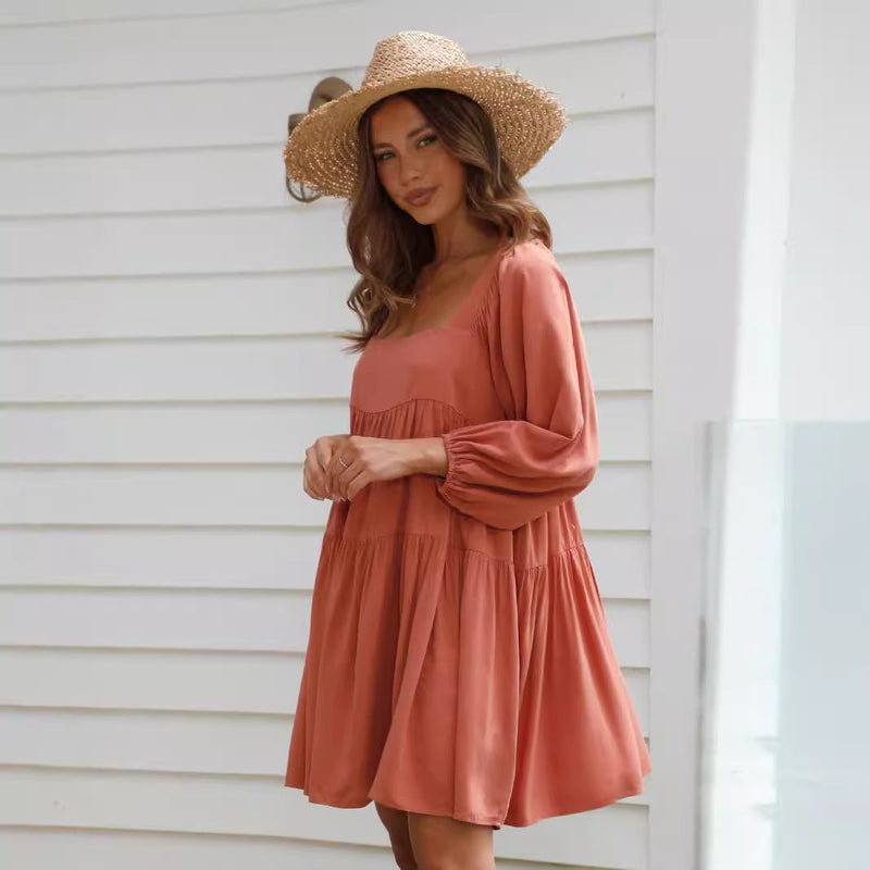 Pullover Square Collar Puff Sleeve Solid Color Backless Dress Children