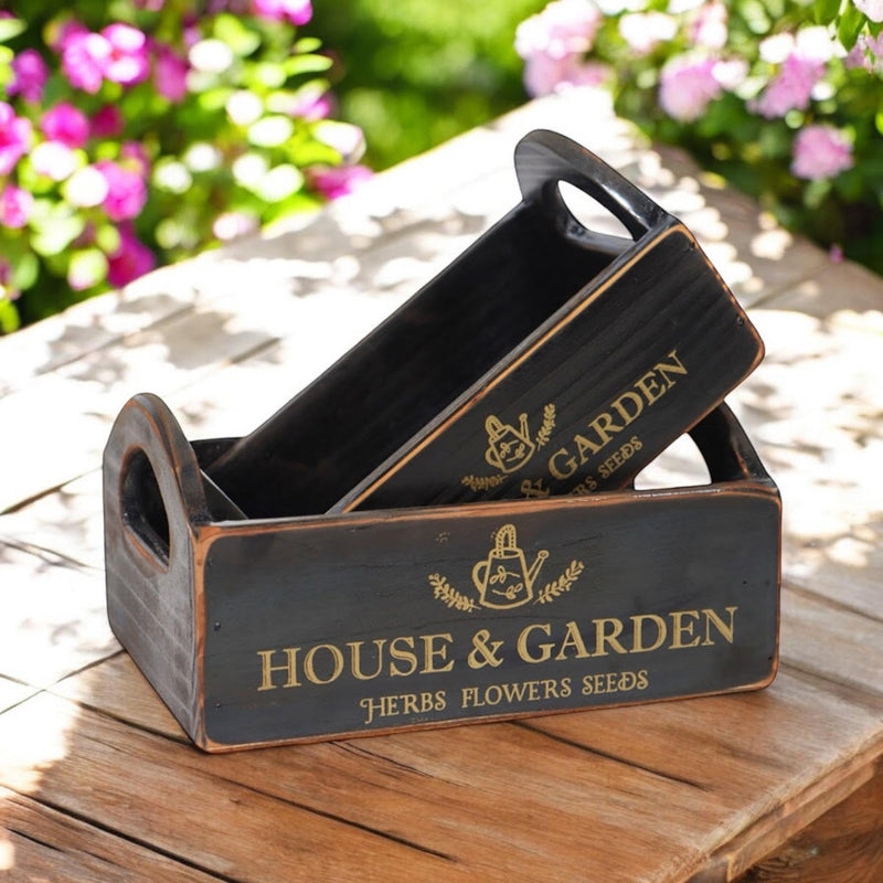 SET 2 BLACK WOODEN CRATES