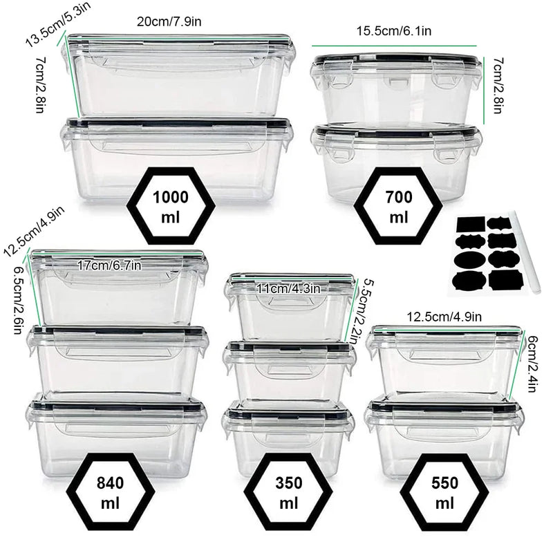 12 Pack Storage Boxes Set with Clip Lids - Transparent Food Containers