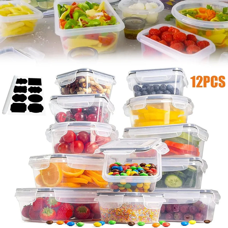 12 Pack Storage Boxes Set with Clip Lids - Transparent Food Containers