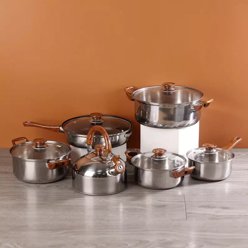 12 Piece Stainless Steel Cookware Set Pots Pans Glass Lids Kitchen Pan Pot