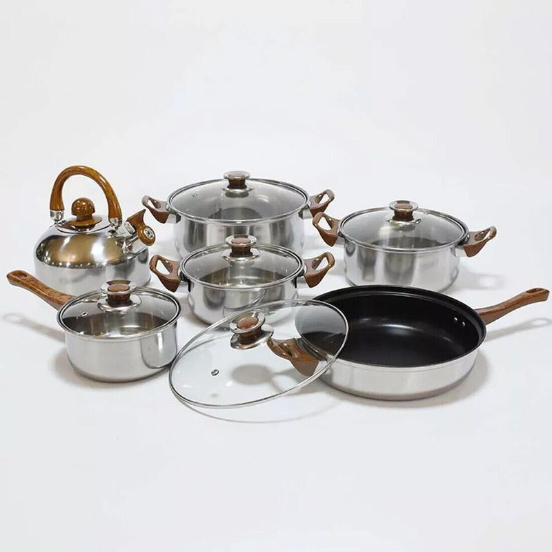 12 Piece Stainless Steel Cookware Set Pots Pans Glass Lids Kitchen Pan Pot