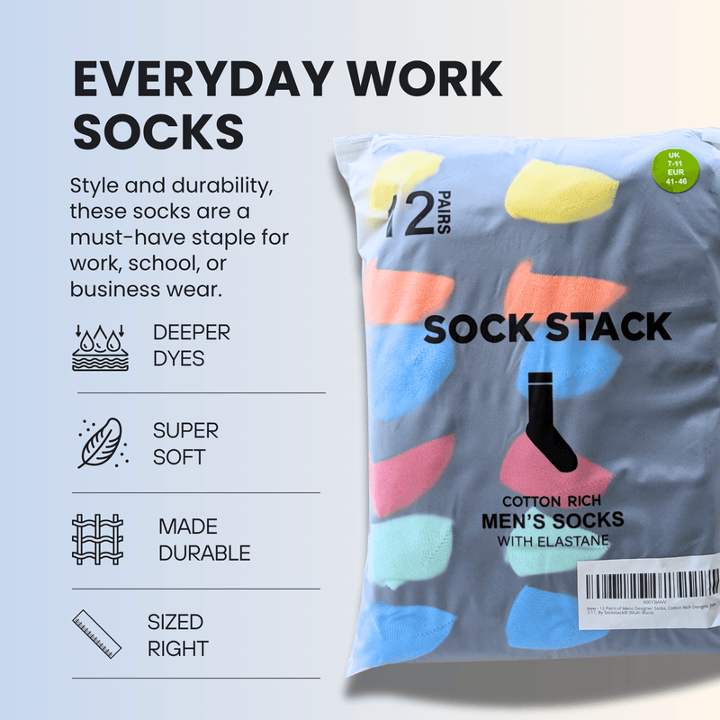 12 Pairs Men's Soft Cotton Colourful Heel Toe Black Argyle Diamond Easycare Comfortable Shoe Socks Flat Toe Seam Durable Work School Business Wear UK 6-11 by Sock Stack