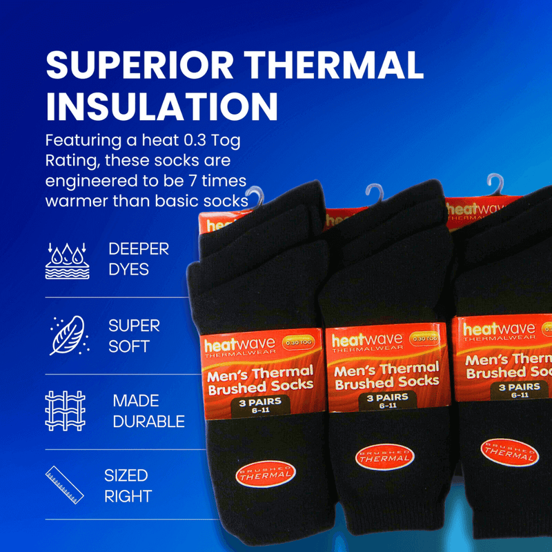 24 Pairs Mens Black Thermal Socks Warm Work Boot Socks Superior Insulation Cold Weather Double Brushed Advanced Knitting Technology Extra Warmth by Heatwave Thermalwear