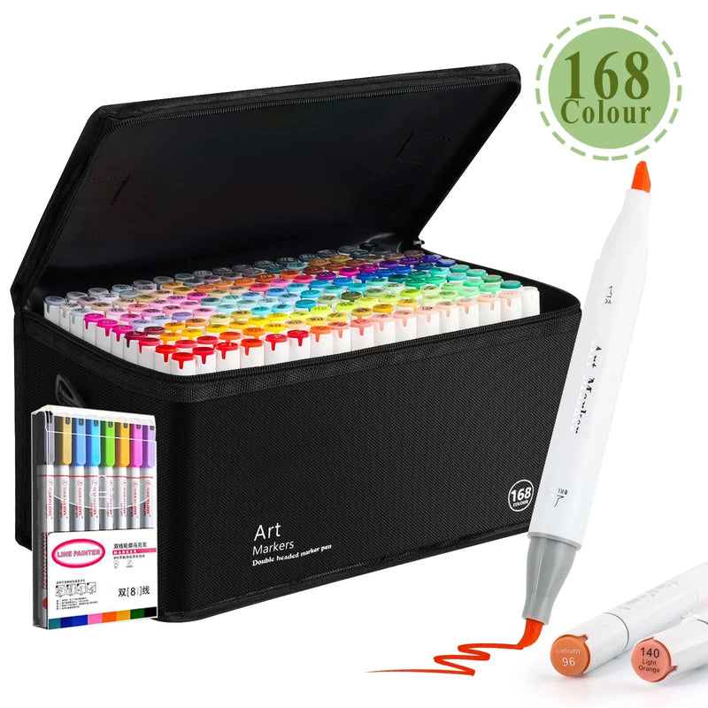 168 Colours Dual Tip Brush & Chisel Permanent Art Marker Pens - Markers Drawing Supplies