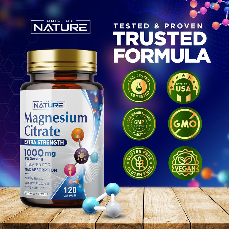 Magnesium Citrate 1000mg - High Absorption Magnesium Complex for Heart, Muscle, Nerve, Bone Health | Vegan, Non-GMO, Gluten-Free - 120 Capsules