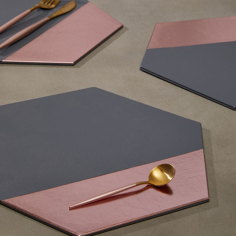 Set of 4 Leather Effect Grey and Rose Gold Hexagon Placements | Geome