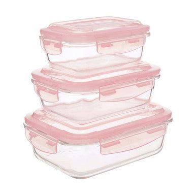 Set of 3 Rectangular Glass Containers with Pink Lids | Freska