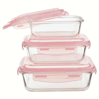 Set of 3 Rectangular Glass Containers with Pink Lids | Freska